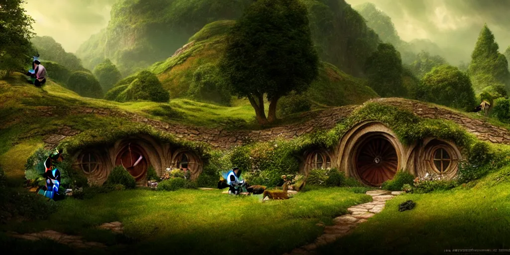 Image similar to the shire. hobbits village, concept art. epic. cinematic. 3 5 mm film. photorealistic, high details, artstation.