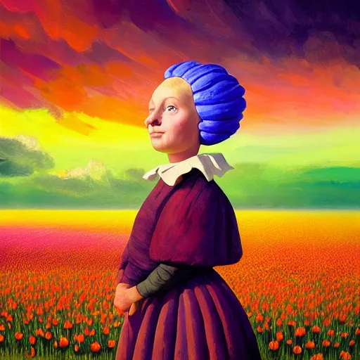 Image similar to giant tulip head dutch girl, surreal photography, flower field, sunset dramatic light, impressionist painting, colorful clouds, blue sky, digital painting, artstation, simon stalenhag