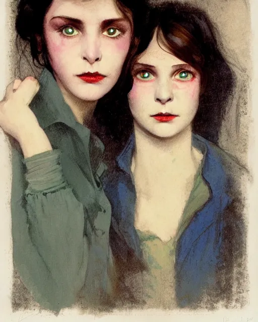 Image similar to two beautiful but creepy siblings wearing oxford shirts in layers of fear, with haunted eyes and dark hair, 1 9 7 0 s, seventies, wallpaper, a little blood, morning light showing injuries, delicate embellishments, painterly, offset printing technique, by brom, robert henri, walter popp