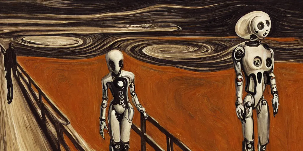 Image similar to realistic robot in The Scream painting inspired by Spaghettification, Mazarineee, artstation