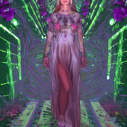 Image similar to cute female forest spirit wearing floral cybernetic hungarian valentino resort sheer dress, overgrown esoteric cyber cathedral sanctuary, fashion gameplay screenshot, painted by raphael in 1 5 1 1