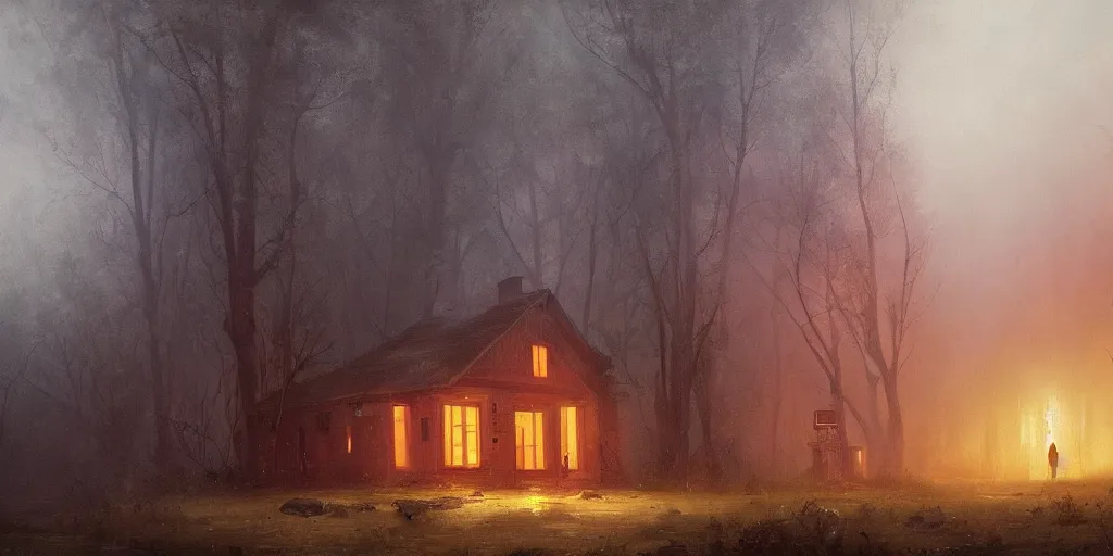 Prompt: an old house with red light on from the windows during the night in a forest, a men stand up in front of the house, mystical fog, oil on canvas, details, a desert road next to the house, illustration, art by andreas achenbach and alena aenami