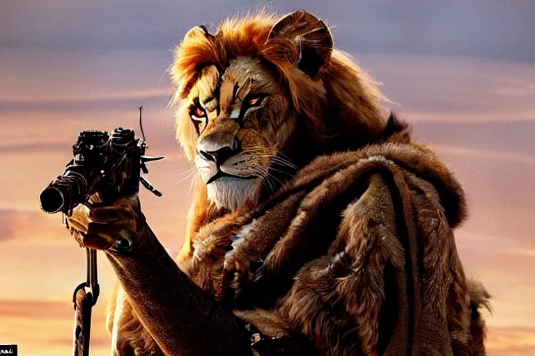 Image similar to scar ( from the lion king 1 9 9 4 ), heavily armed and armored facing down armageddon in a dark and gritty version from the makers of mad max : fury road : witness me