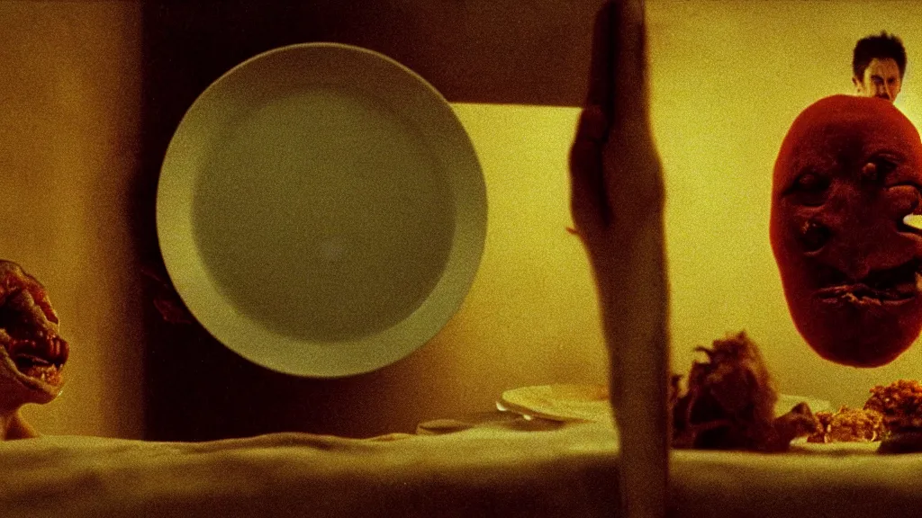 Image similar to the face with the plate of food under my bed, film still from the movie directed by denis villeneuve and david cronenberg with art direction by salvador dali and zdzisław beksinski, wide lens