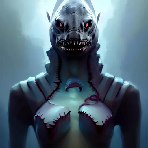 Image similar to professional ominous concept art portrait of a shark - human chimera character by artgerm and greg rutkowski. an intricate, elegant, highly detailed digital painting, concept art, smooth, sharp focus, illustration, in the style of simon stalenhag, wayne barlowe, and igor kieryluk.