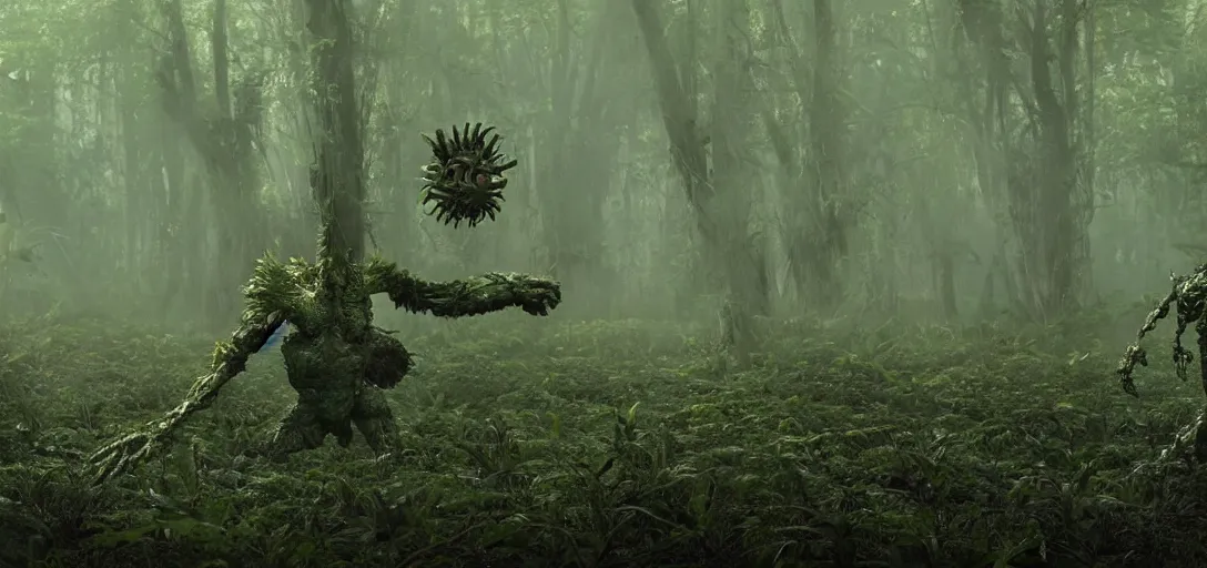 Prompt: a complex organic fractal 3 d metallic symbiotic ceramic humanoid megastructure creature in a swampy lush forest, glowing eyes, foggy, sun rays, cinematic shot, photo still from movie by denis villeneuve, wayne barlowe