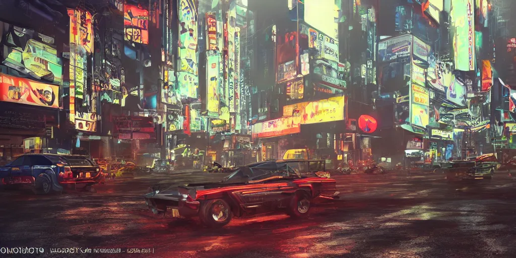 Image similar to a 3 d rendered in unreal engine guatemalan cyberpunk city with neon ads and signs with evocative dramatic mood with blade runner vibe with cars with motion blur with depth of field with bloom with lightshaft with volumetric lights, fog, by scott robertson, oscar winning graphics, photo realistic, bloom, imax, dynamic lighting, artstation,