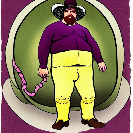 Image similar to hyperreal morbidly obese 2000kilo snake oil salesman wearing authentic purple green sip tech cowboy augmentation and curly snake moustache, fat man standing in front of blank background