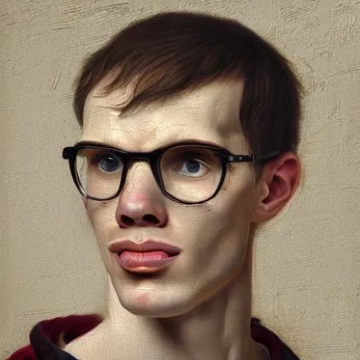 Image similar to A 17th century Baroque Painting of iDubbbz, grainy, realistic, hyperrealistic, very realistic, very very realistic, highly detailed, very detailed, extremely detailed, detailed, digital art, trending on artstation, detailed face, very detailed face, very detailed face, realism, HD Quality, 8k resolution, intricate details, body and head in frame, painting, oil painting, trending on deviantart, Baroque Painting