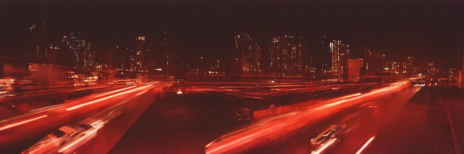 Image similar to 8 0 s neon movie still, portrait of high speed blurred traffic by the river with city in background, medium format color photography, movie directed by kar wai wong, hyperrealistic, photorealistic, high definition, highly detailed, tehnicolor, anamorphic lens