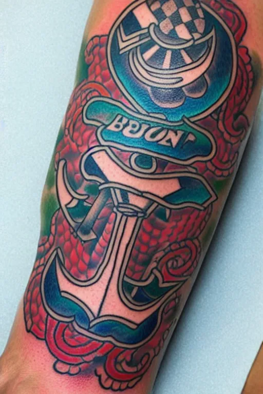 Image similar to American traditional tattoo of a sailor, detailed line work, bright colors, tattoo by Tony BLUEARMS