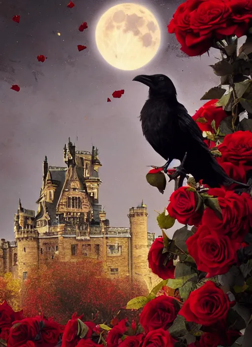 Image similar to red and golden color details, portrait, A crow with red eyes in front of the full big moon, book cover, red roses, red white black colors, establishing shot, extremly high detail, foto realistic, cinematic lighting, castle in the background, by Yoshitaka Amano, Ruan Jia, Kentaro Miura, Artgerm, post processed, concept art, artstation, raphael lacoste, alex ross, portrait, A crow with red eyes in front of the full big moon, book cover, red roses, red white black colors, establishing shot, extremly high detail, photo-realistic, cinematic lighting, by Yoshitaka Amano, Ruan Jia, Kentaro Miura, Artgerm, post processed, concept art, artstation, raphael lacoste, alex ross