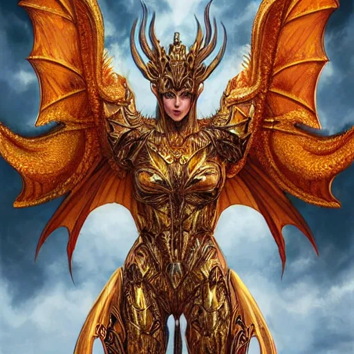 Image similar to a beautiful symmetrical muscular full body wearing a dragon armor with wings made of golden ornaments and gems, by alex gray and android jones , Karol Bak, Ayami Kojima, Amano , concept art, character design, fantasy,3D, 8k resolution