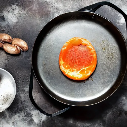 Prompt: a frying pan cooking a dinosaur egg. food magazine photograph.