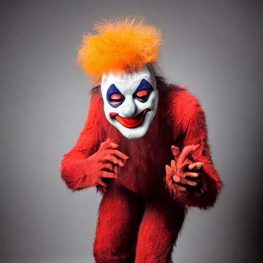 Prompt: a Bigfoot clown, studio photography