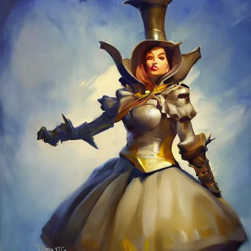 Image similar to greg manchess portrait painting of partially armored alice from alice in wonderland as overwatch character, medium shot, asymmetrical, profile picture, organic painting, sunny day, matte painting, bold shapes, hard edges, street art, trending on artstation, by huang guangjian, gil elvgren, ruan jia, randy vargas, greg rutkowski