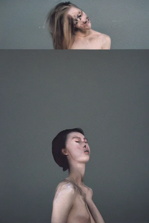 Prompt: kodak portra 1 6 0 3 5 mm photograph of accidentaly suicide, real photography, hightly detailed, hyper realistic, photographic, wide angle lens, focuses on the nuances of the human face and subtle shifts in tonal value, silhouette composition, neutral, cool - toned palette, fluid patterns, powerful composition, opaque paints