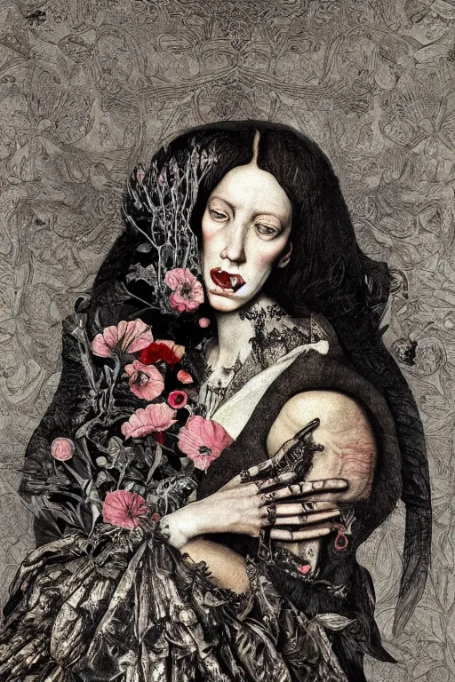 Image similar to Detailed maximalist portrait with large lips and with large wide eyes, sad expression, skeletal, HD mixed media, 3D collage, highly detailed and intricate, surrea, illustration in the style of Caravaggio, dark art, baroque