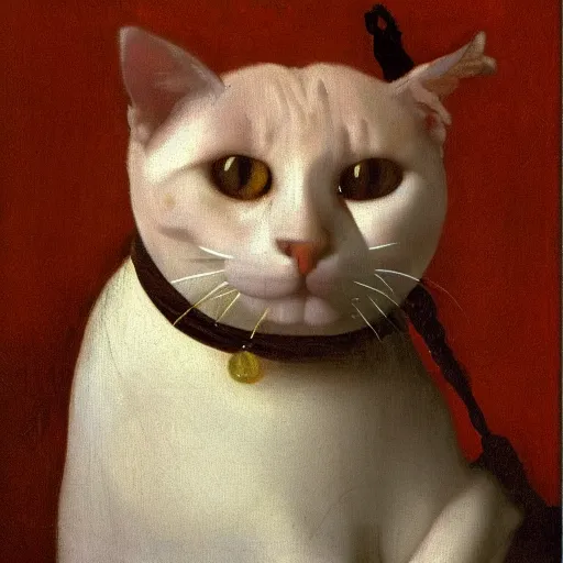 Prompt: an orange cat by jan vermeer, oil painting, a pearl necklace, highly detailed ， headshot, 8 k