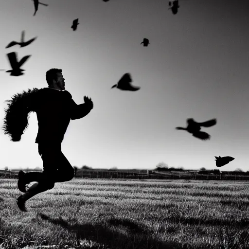 Prompt: man running away from crows, cinematic scene, dramatic backlighting, 3 5 mm