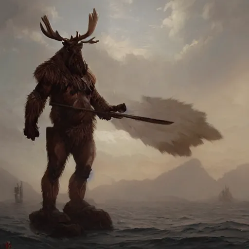 Image similar to anthropomorphic moose barbarian humanoid by greg rutkowski, ship, sea, fantasy