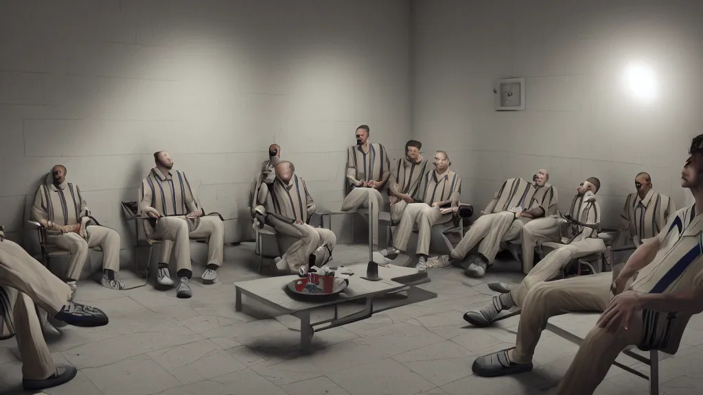 Prompt: prison inmates in striped suits sitting around a television bolted to the wall, rendered in octane, rendered in Corona, rendered in vray, rendered in Arnold, insanely detailed, photorealistic, cinematic, global illumination, no grain
