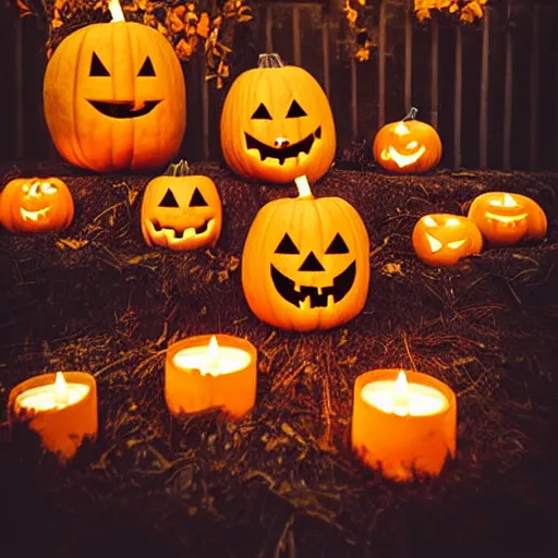 Prompt: halloween dream big pumpkin sepia ambient chill nostalgic candy candles outside kids ghosts costumes sunset intricate, hyper detailed, realistic, cinematic lighting