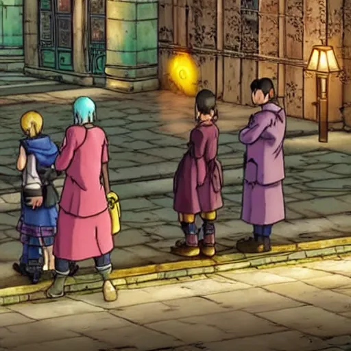 Prompt: a some people waiting in a lone bus stop in quiet dark city night in Dragon Quest XI, detailed