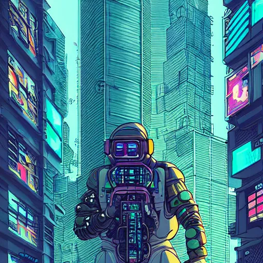 Prompt: Long shot of cyberpunk turtle cyborg on the street of a cyberpunk city, view from bottom to top, 150 mm lens, art by Josan Gonzalez, sci-fi, highly detailed, digital painting, artstation, smooth, sharp focus, illustration, concept art by Josan Gonzalez and James Gurney and Mœbius