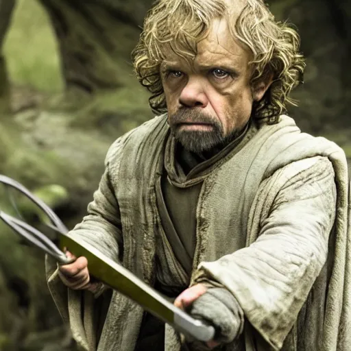 Prompt: yoda as tyrion lannister holding a crossbow in game of thrones, movie still