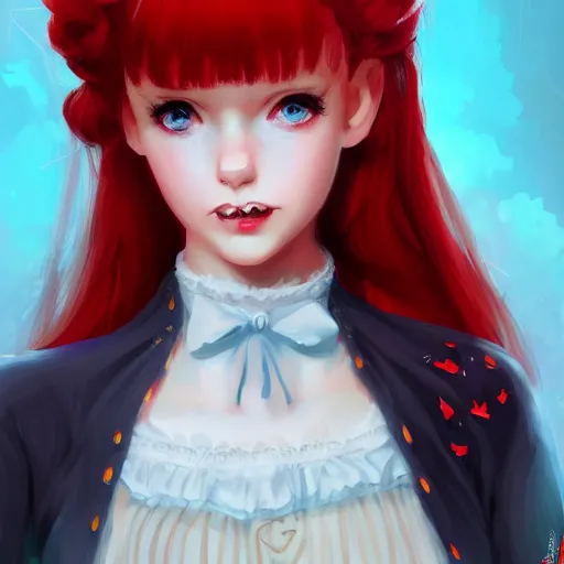 Prompt: a girl wearing lolita clothes, red hair, blue eyes, highly detailed, digital painting, artstation, concept art, smooth, sharp focus, illustration