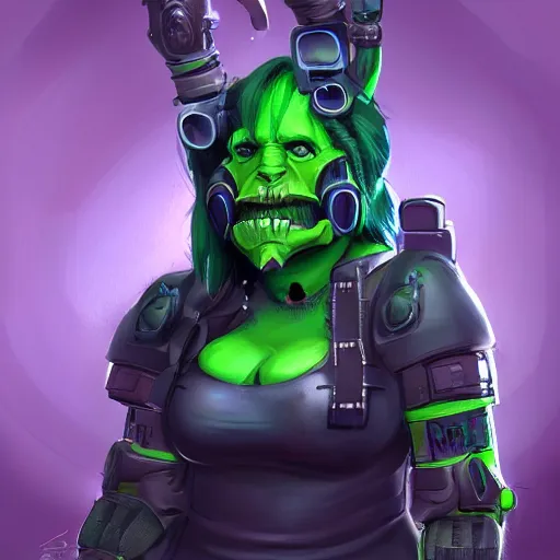 Image similar to concept art of a cute chubby cyberpunk orc hacker girl with green skin and tusks. Trending on artstation