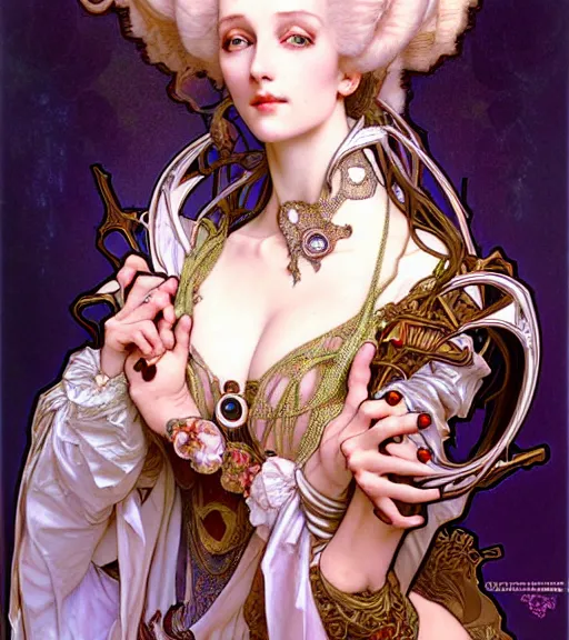 Prompt: realistic detailed face portrait of a young beautiful alien baroque cyberpunk queen marie antoinette by alphonse mucha, ayami kojima, amano, greg hildebrandt, and mark brooks, art nouveau, female, feminine, baroque cyberpunk, rococo cyberpunk, neo - gothic, gothic, character concept design