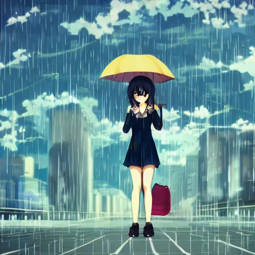 Prompt: an anime girl standing in the middle of an expansive city, rainy season, detailed, smooth