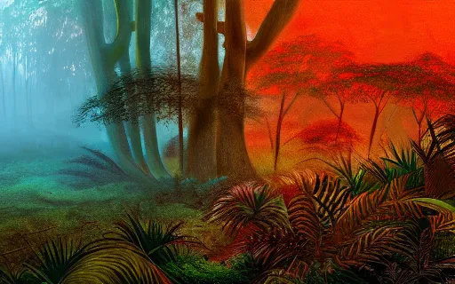 Image similar to a beautiful landscape of a foggy jungle, red and orange color scheme, hyperdetailed, vivid colors, photorealist, 4 k