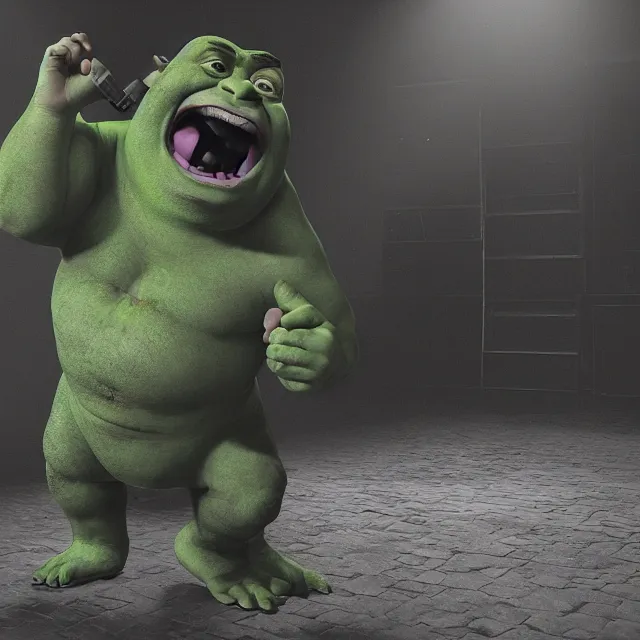 Prompt: ultra shrek performing on his yeezus tour, dark cinematic, volumetric, realistic, 3 d render, cinematic lighting, ray tracing, cinematic, unreal engine 5, unreal engine render, octane render, hyper realistic, photo, 8 k