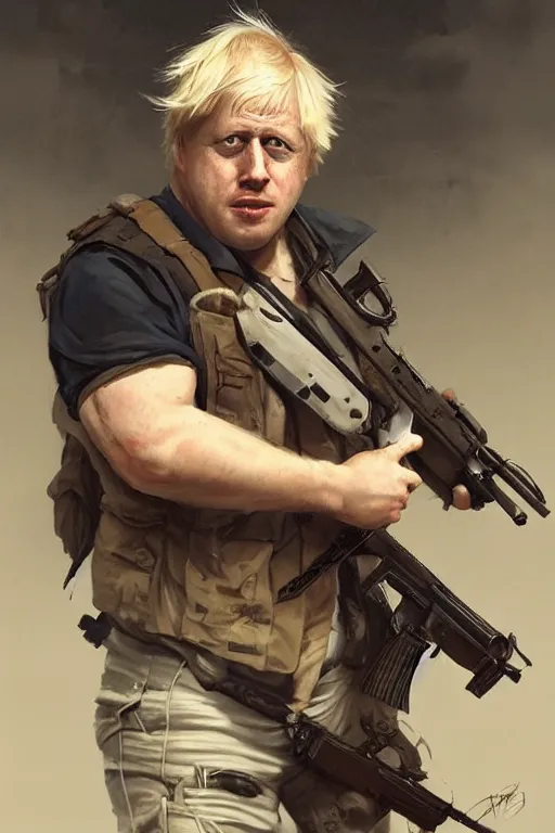 Image similar to Boris Johnson as Rambo with guns, Boris Johnson hairstyle, masculine figure, highly detailed, digital painting, artstation, concept art, smooth, sharp focus, illustration, cinematic lighting, art by artgerm and greg rutkowski and alphonse mucha