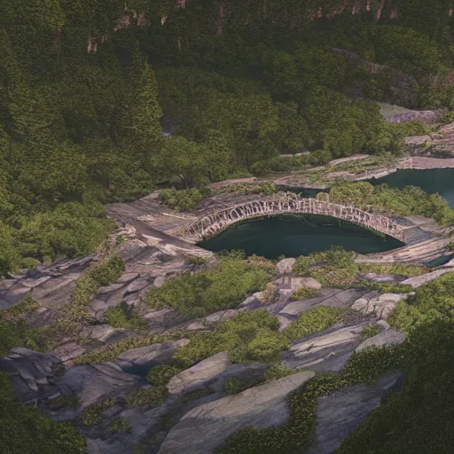 Image similar to river valley with steep rock walls on each side and a constructed stage in the center on top of the river with people putting on a performance, high quality digital art, cinematic lighting, 4 k, concept art