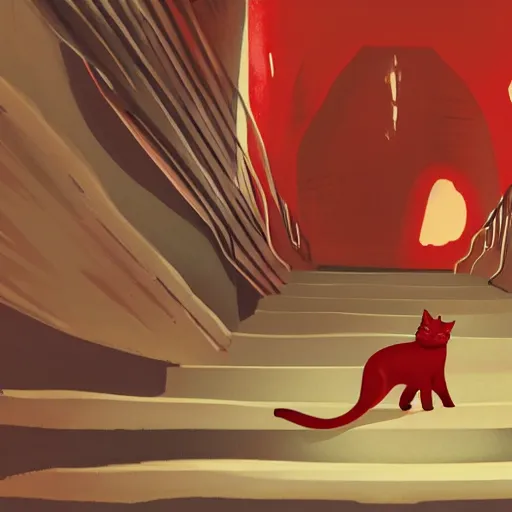 Image similar to red cat walking down the stairs, wide shot, smooth, cosy atmosphere, trending on deviantart, outdoor, daytime, long shadow, warm colors, artstation, concept art, sharp focus, illustration, masterpiece, gibli style