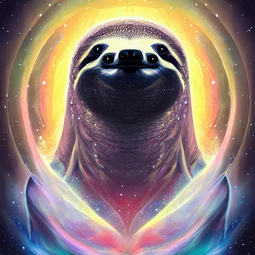 Image similar to geometric symmetrical sloth with galaxy eyes in space, nebula in the background, intricate, elegant, highly detailed, digital painting, artstation, concept art, smooth, sharp focus, illustration, art by artgerm