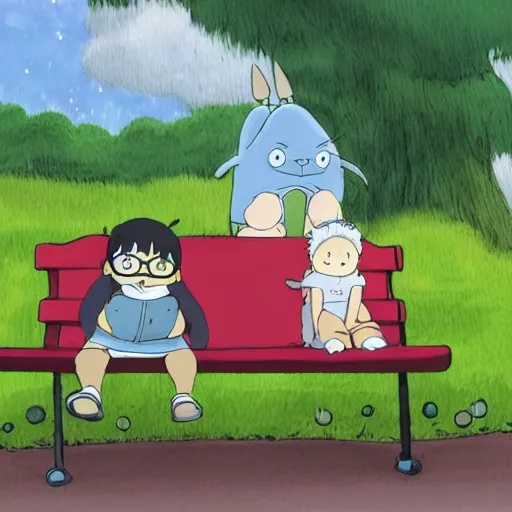 Prompt: a baby wearing glasses sitting on a bench at a bus stop, as the catbus from my friend totoro arrives from the right, rainy weather, studio ghibli style