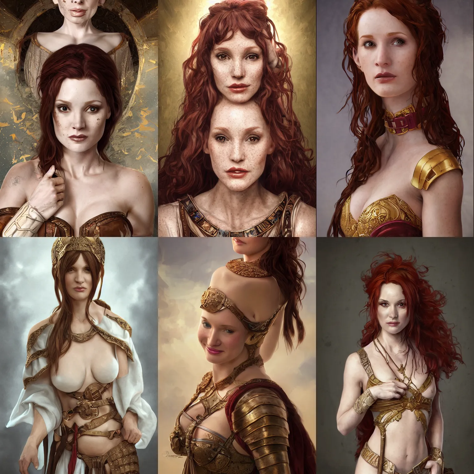 Prompt: portrait photography of amy yasbeck wearing a toga, breastplate. sportsbra. deep focus, d & d, fantasy, intricate, elegant, highly detailed, porcelain skin highlights. freckles. digital photography, artstation, concept art, matte, sharp focus, illustration, hearthstone, photography by artgerm and greg rutkowski and alphonse mucha
