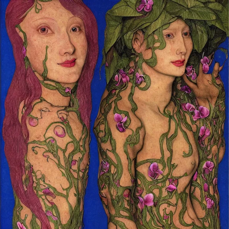 Image similar to a grinning girl with her skin tattood with plant patterns, her face looks like an orchid, she is the center of the garden, jan van eyck, ernst fuchs, egon schiele, trending on artstation, 8 k, award winning