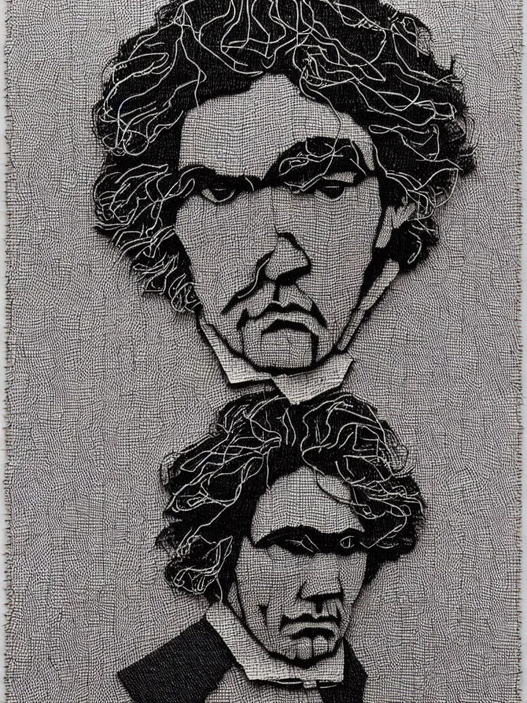 Image similar to a detailed wire art portrait of writer beethoven, inspired by the work of egon schiele.