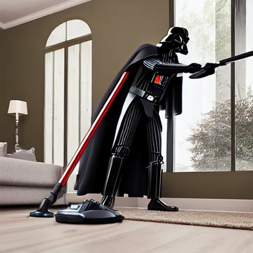 Image similar to Darth Vader vacuuming the house, photo realistic, award-winning, highly-detailed