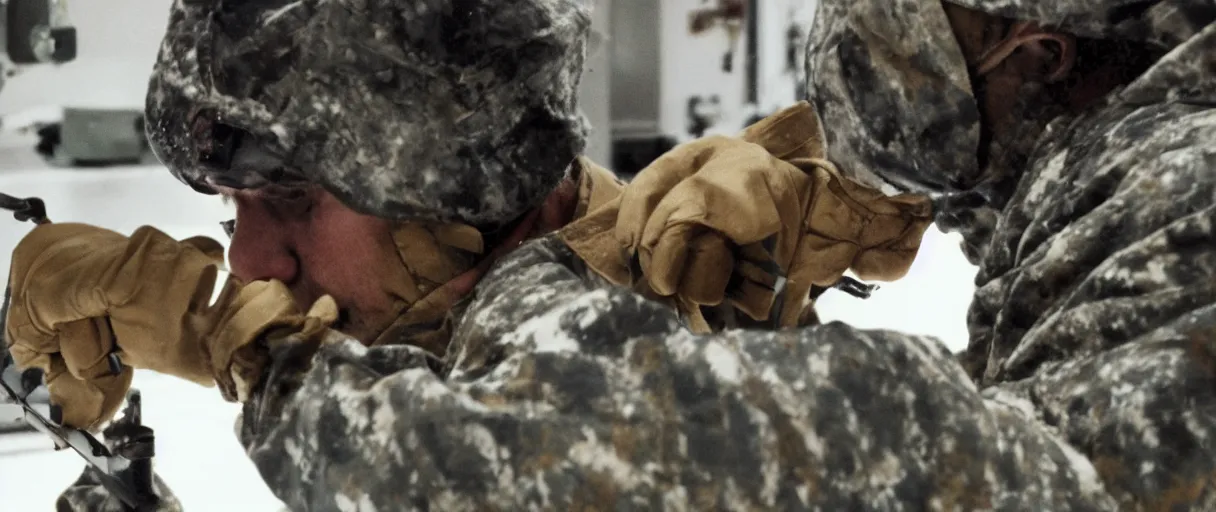 Image similar to filmic extreme close up shot movie still 4 k uhd interior 3 5 mm film color photograph of a scientist attacking a camouflaged solder in a lab in antarctica by grabbing him with his claw