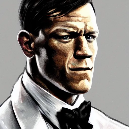 Image similar to john cena wearing a tuxedo, portrait, highly detailed, digital painting, artstation, concept art, sharp focus, illustration, art by artgerm and greg rutkowski and alphonse mucha