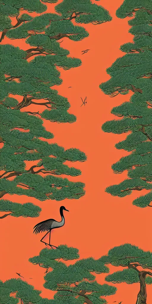 Prompt: a portrait of japanese crane walking into a forest of japanese pines, a big red sun in the background, fresh modern style, responsive, front game card, vector line art, trending on behance, simple thick line art, stunning, matte