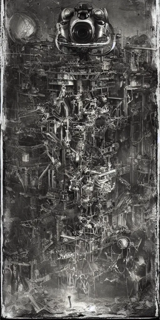 Prompt: old wetplate daguerreotype birth of artificial futuristic robots life, in metropolis, fractal, intricate, elegant, highly detailed, parallax, leica, medium format, subsurface scattering, by jheronimus bosch and greg rutkowski and louis jacques mande daguerre