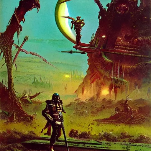 Image similar to sardaukar warrior on green planet, vintage sci - fi art, by bruce pennington
